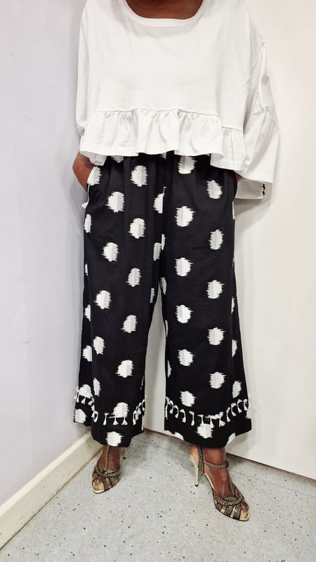 KEDEM SASSON MIRI TROUSERS-BLACK/WHITE EMBROIDERED CIRCLES