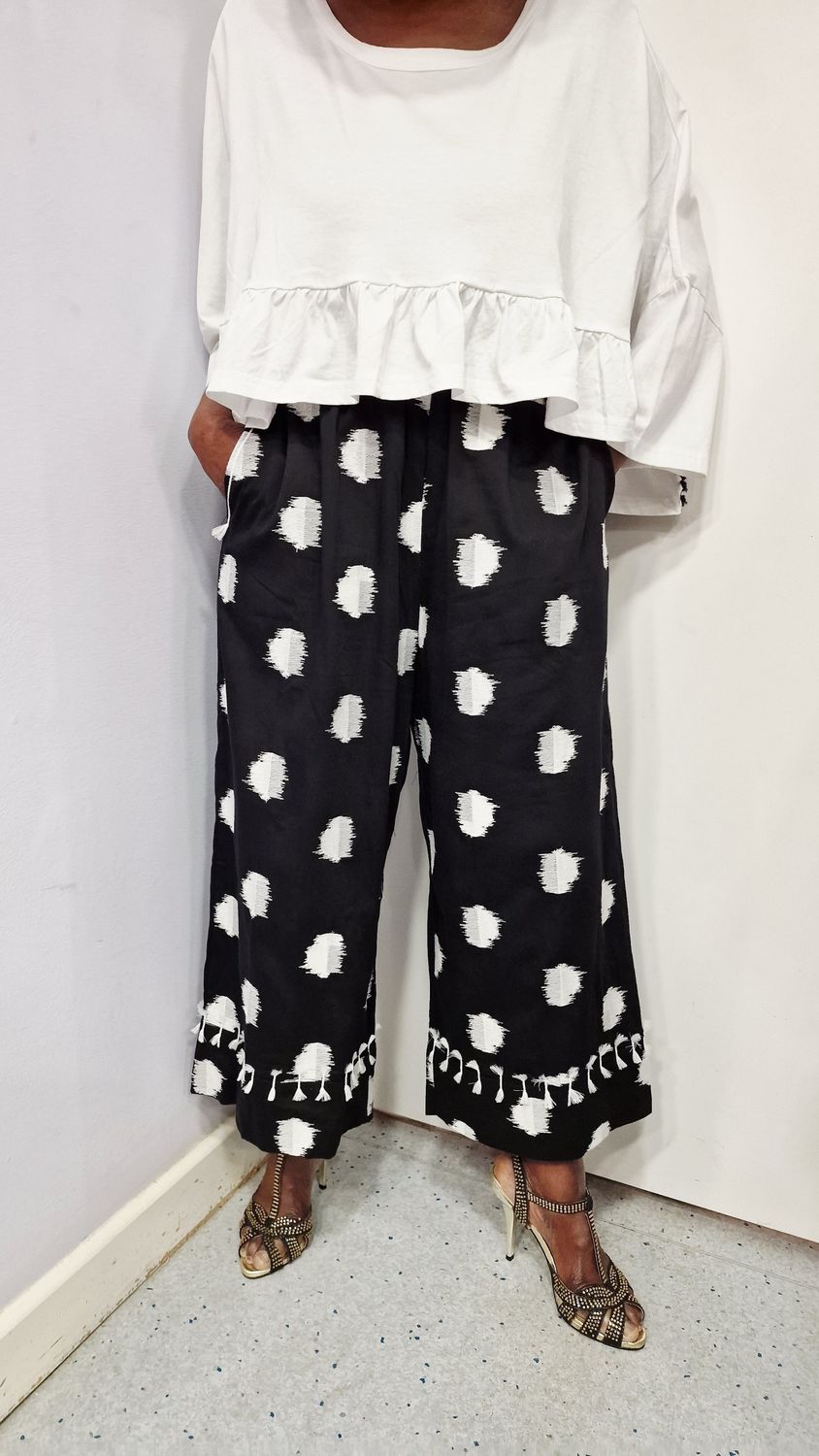 KEDEM SASSON MIRI TROUSERS-BLACK/WHITE EMBROIDERED CIRCLES KEDEM SASSON MIRI TROUSERS-BLACK/WHITE EMBROIDERED CIRCLES