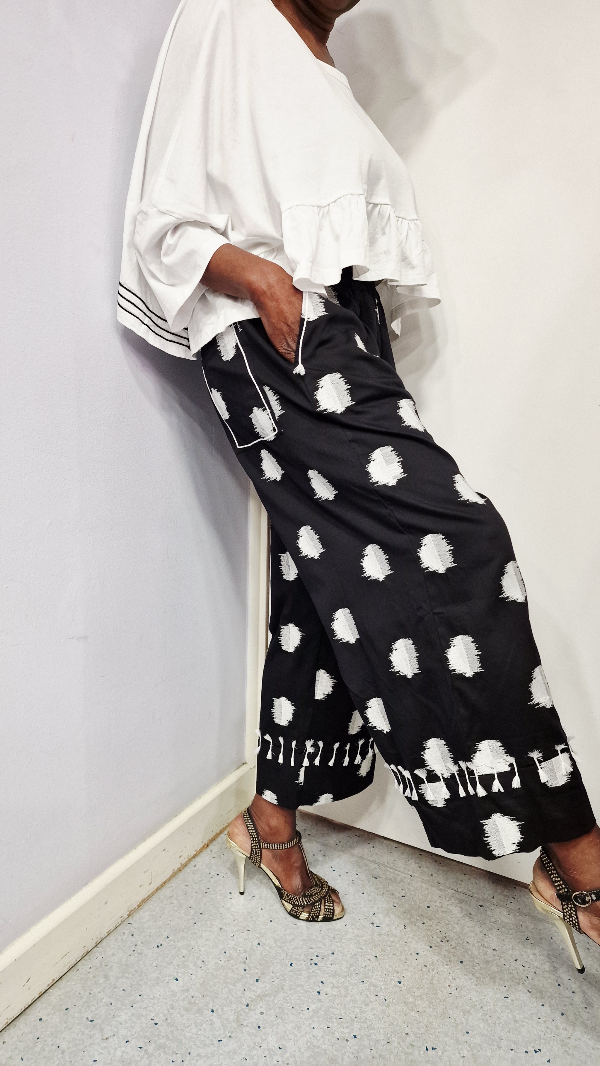 KEDEM SASSON MIRI TROUSERS-BLACK/WHITE EMBROIDERED CIRCLES