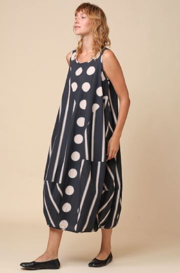 KEDEM SASSON TULIP STYLE DRESS-BLACK/BEIGE CIRCLES