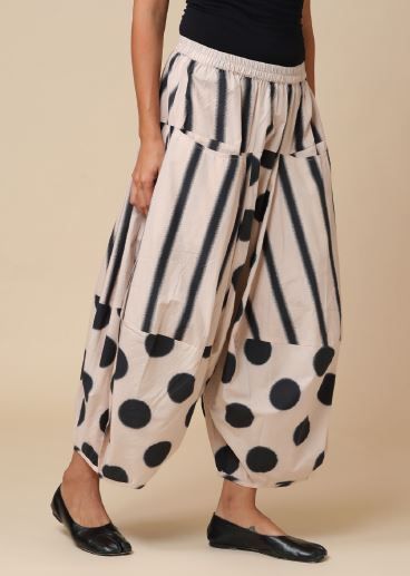 KEDEM SASSON TULIP SHAPE TROUSERS-BEIGE/BLACK CIRCLES