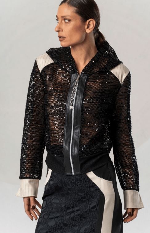ELISA CAVALETTI HOODED JACKET WTH SEQUINS-BLACK
