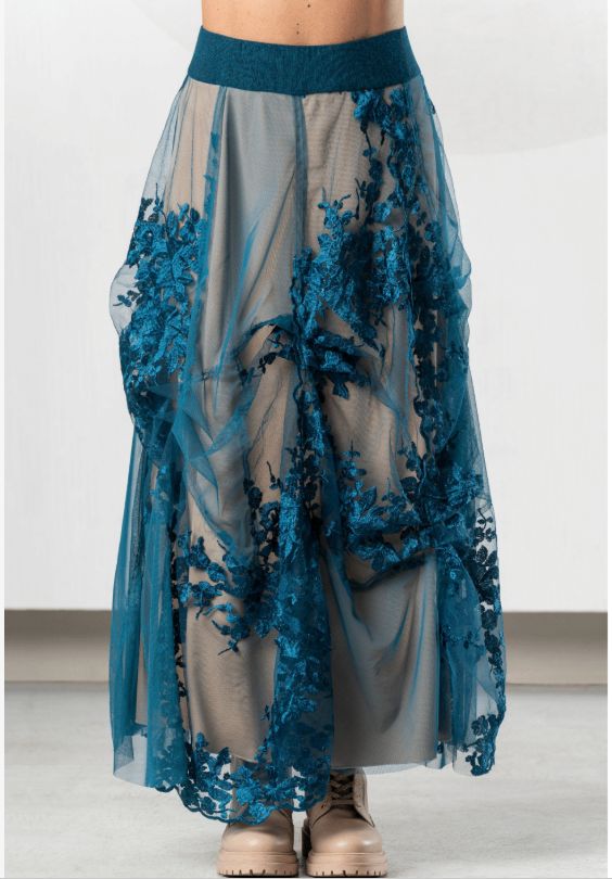 ELISA CAVALETTI SKIRT WITH EMBROIDERY IN BLACK & In TEAL BLUE ELISA CAVALETTI SKIRT WITH EMBROIDERY IN BLACK & In TEAL BLUE
