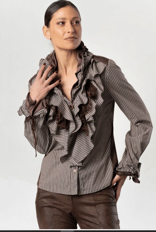 ELISA CAVALETTI RUFFLED BLOUSE-BROWN STRIPES ELISA CAVALETTI RUFFLED BLOUSE-BROWN STRIPES