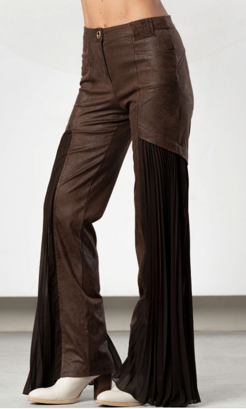 ELISA CAVALETTI FAUX LEATHER TROUSERS WITH PLEATED SIDE PANELS-BROWN