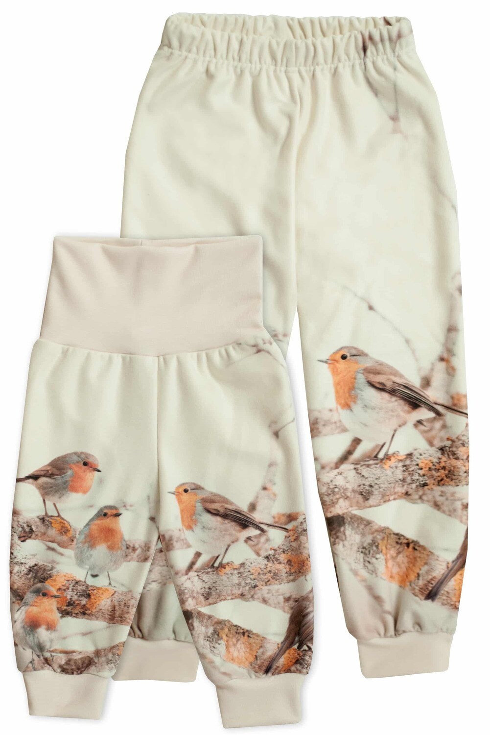 RobeCode hellbeige, kuschelige Kinderhose aus Fleece mit Vogelprint