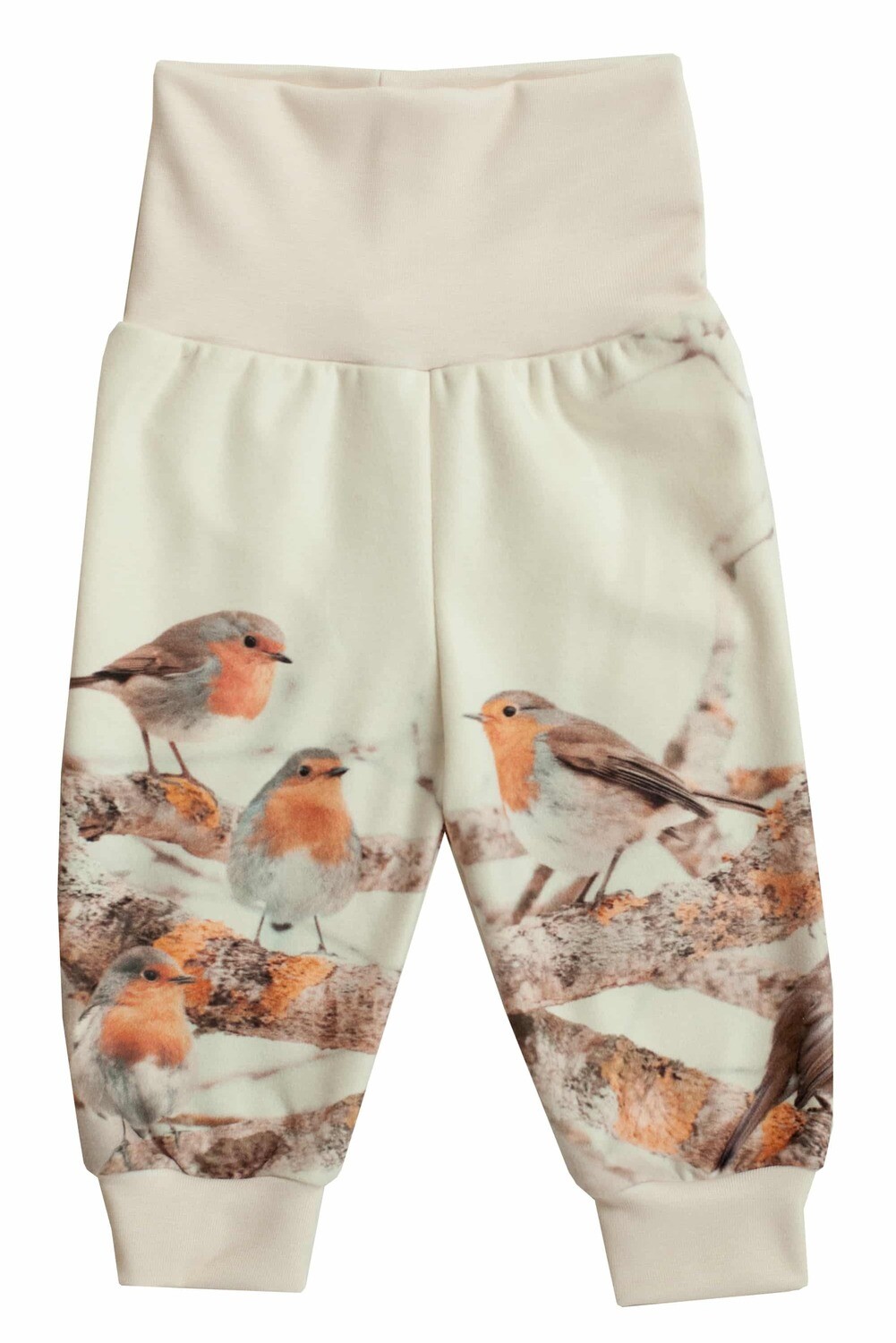 RobeCode hellbeige, kuschelige Kinderhose aus Fleece mit Vogelprint