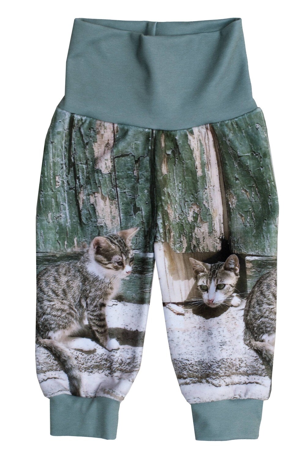 RobeCode grüne Kinderhose aus Fleece mit Tiermotiv Katze