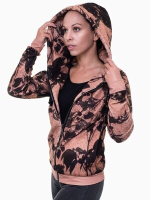 RobeCode rust-coloured fluffy fleece hooded jacket with floral print