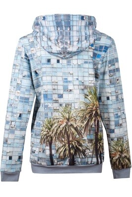 RobeCode light blue hoodie with palm tree print - Women's hooded sweater with photorealistic high-rise print