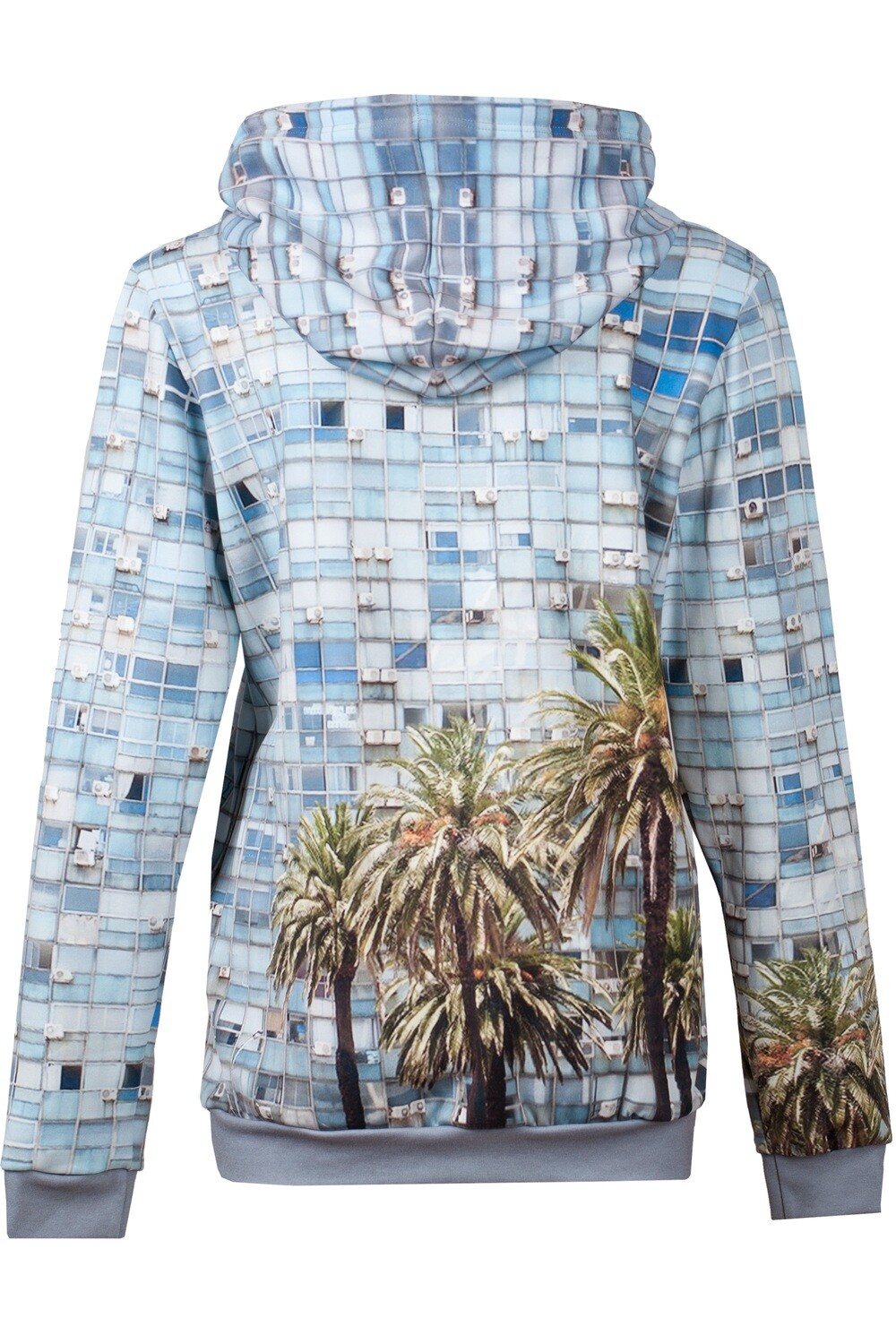 RobeCode hellblauer Hoodie mit Palmen-Print - Damen Kapuzensweater mit fotorealistischem Hochhaus-Druck
