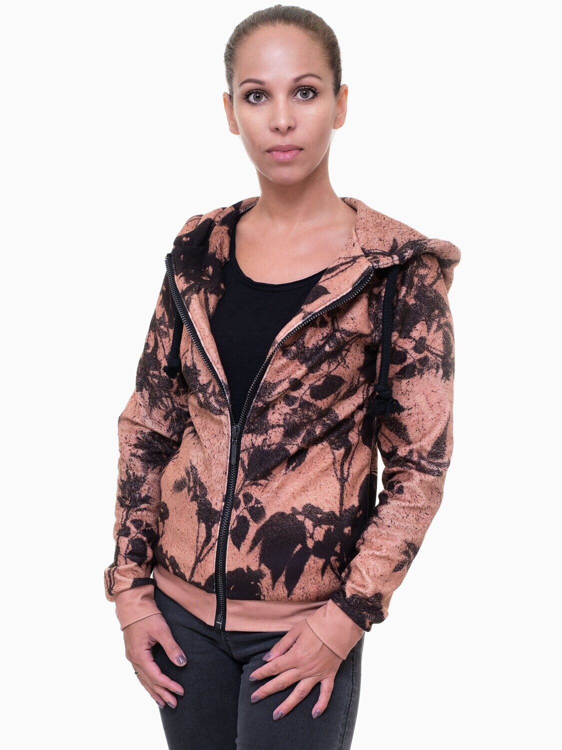 RobeCode rostfarbene, flauschige Kapuzenjacke aus Fleece mit floralem Print
