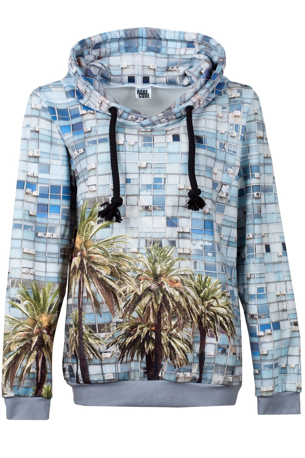 RobeCode hellblauer Hoodie mit Palmen-Print - Damen Kapuzensweater mit fotorealistischem Hochhaus-Druck