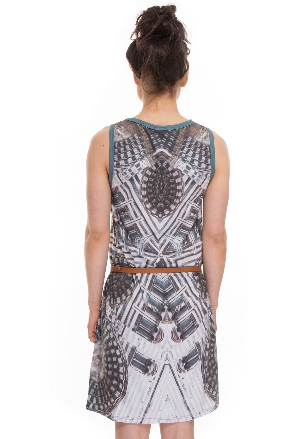 Knee-length, sleeveless jersey dress, grey, turquoise with unusual pattern and high-necked neckline