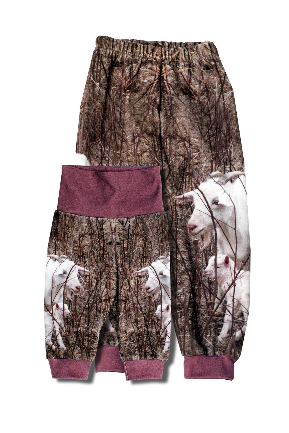 RobeCode kuschelige, braune Kinderhose aus Fleece mit fotorealistischem Ziegen-Print