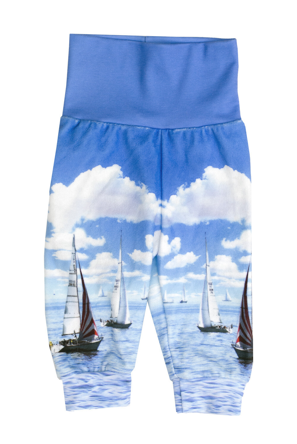 RobeCode flauschige, blaue Kinderhose aus Fleece mit maritimen Segelboot Print