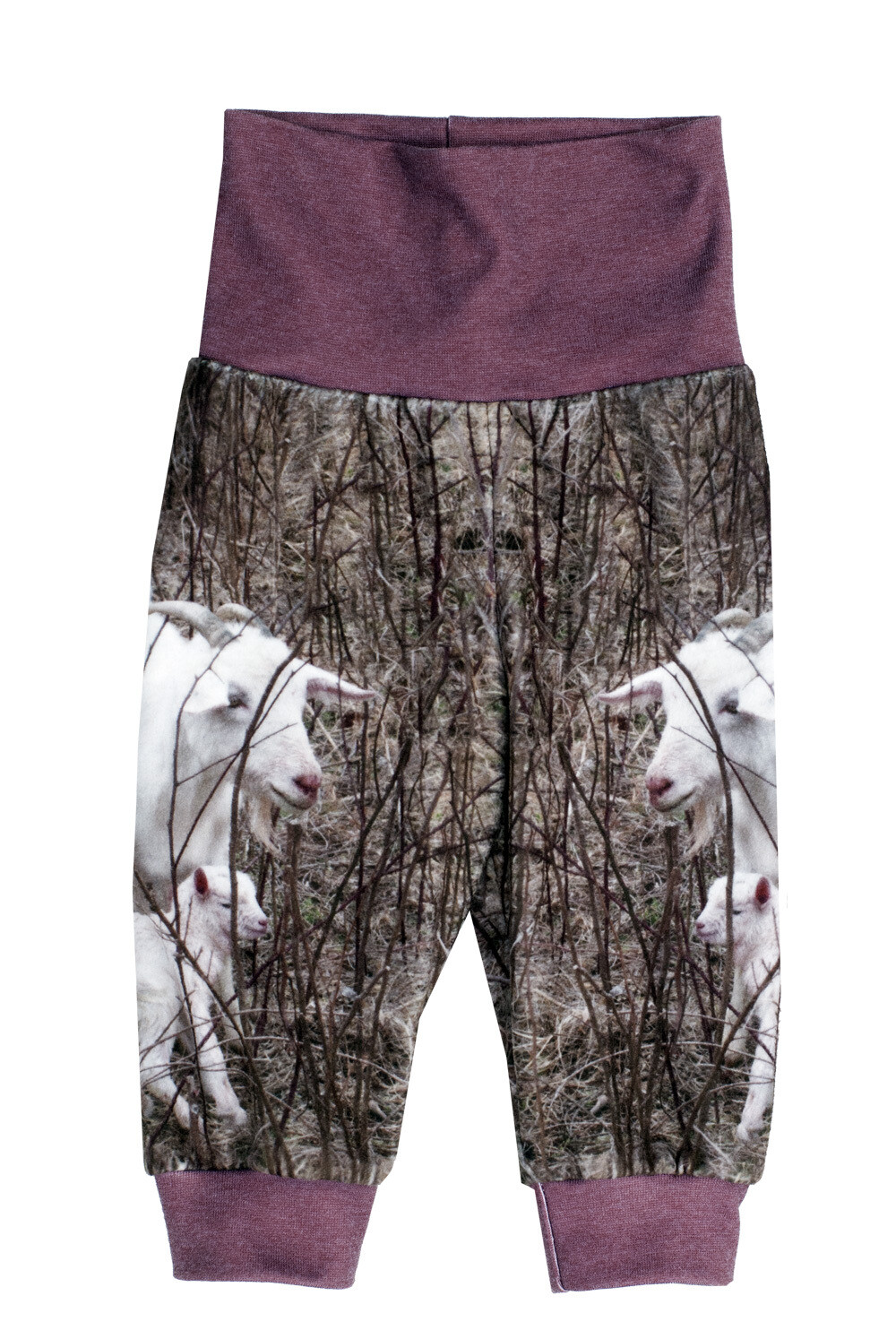 RobeCode kuschelige, braune Kinderhose aus Fleece mit fotorealistischem Ziegen-Print