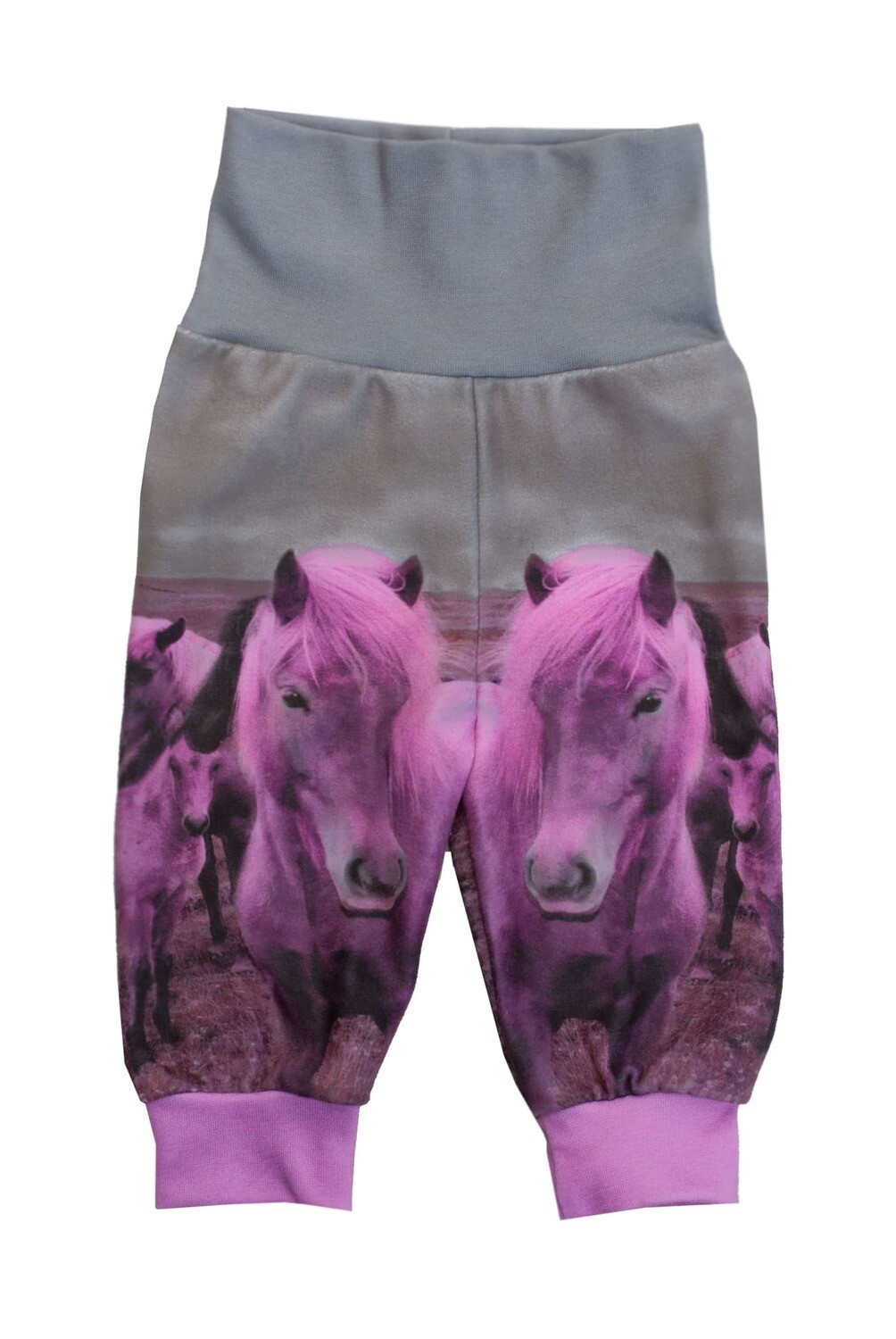 RobeCode graue, kuschelige PinkPony Kinderfleecehose mit pinkem Pferdeprint