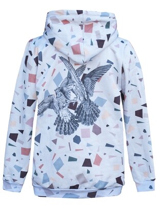 RobeCode weißer Hoodie mit buntem Terrazzo-Muster und dekorativem Adler-Rückenprint