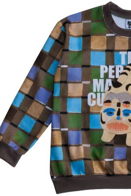 RobeCode brauner, kuscheliger, bunt-karierter Fleecesweater mit Tiger Front-Print und Schriftzug