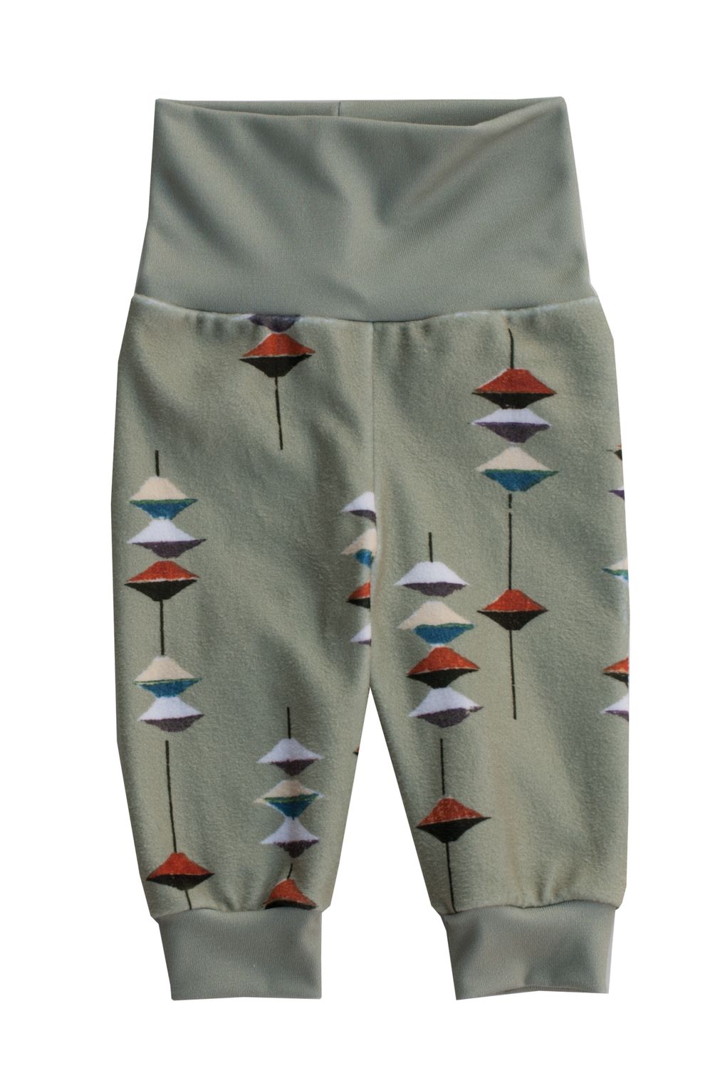 RobeCode salbeifarbene kuschelige Kinderhose aus Fleece mit hisorischem Ufo-Kunstdruck