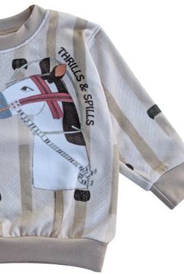 RobeCode beiger, kuscheliger, gestreifter Fleecesweater mit Pferde Front-Print und Schriftzug