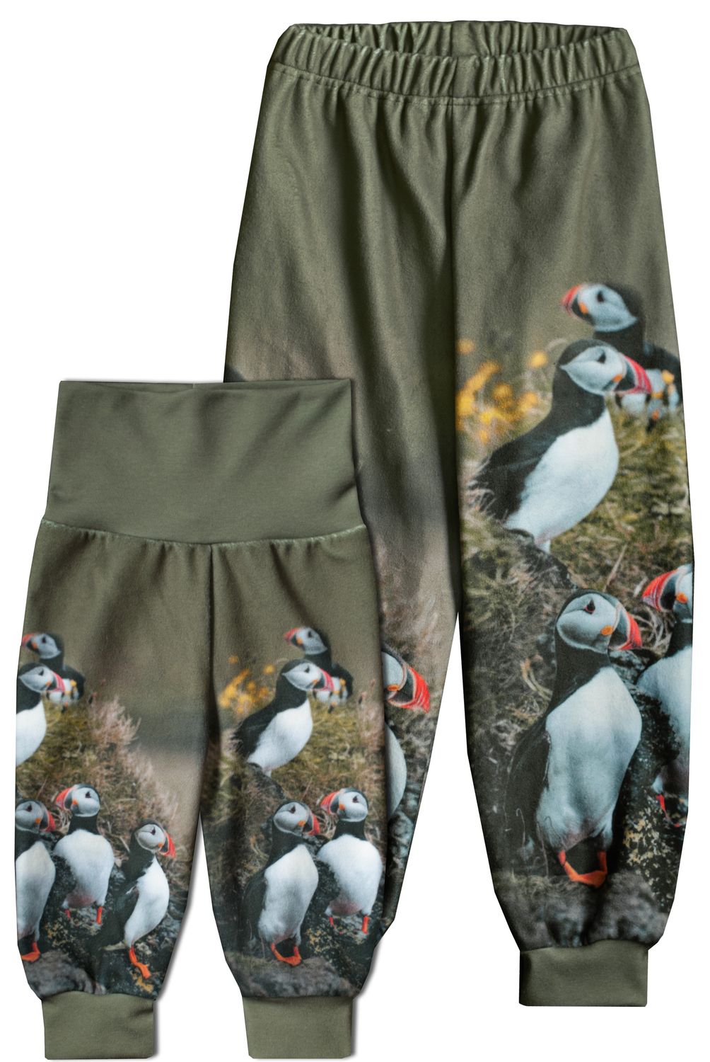 RobeCode olivgrüne Kinderfleecehose mit Papageientaucherprint