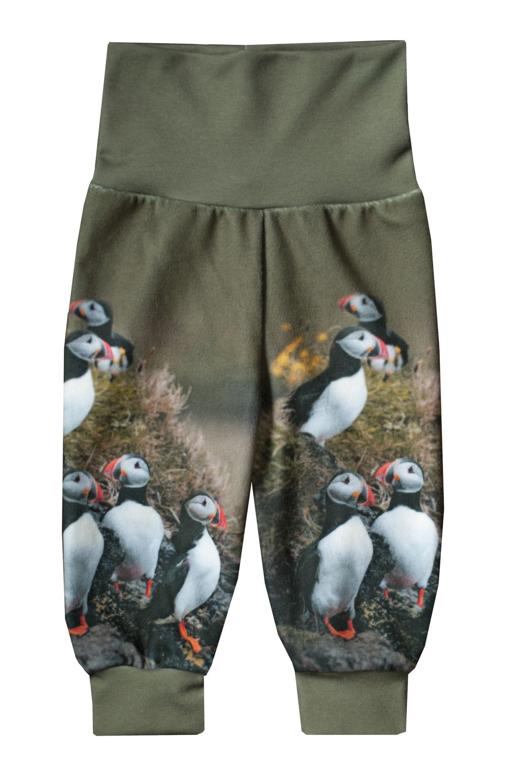 RobeCode olivgrüne Kinderfleecehose mit Papageientaucherprint