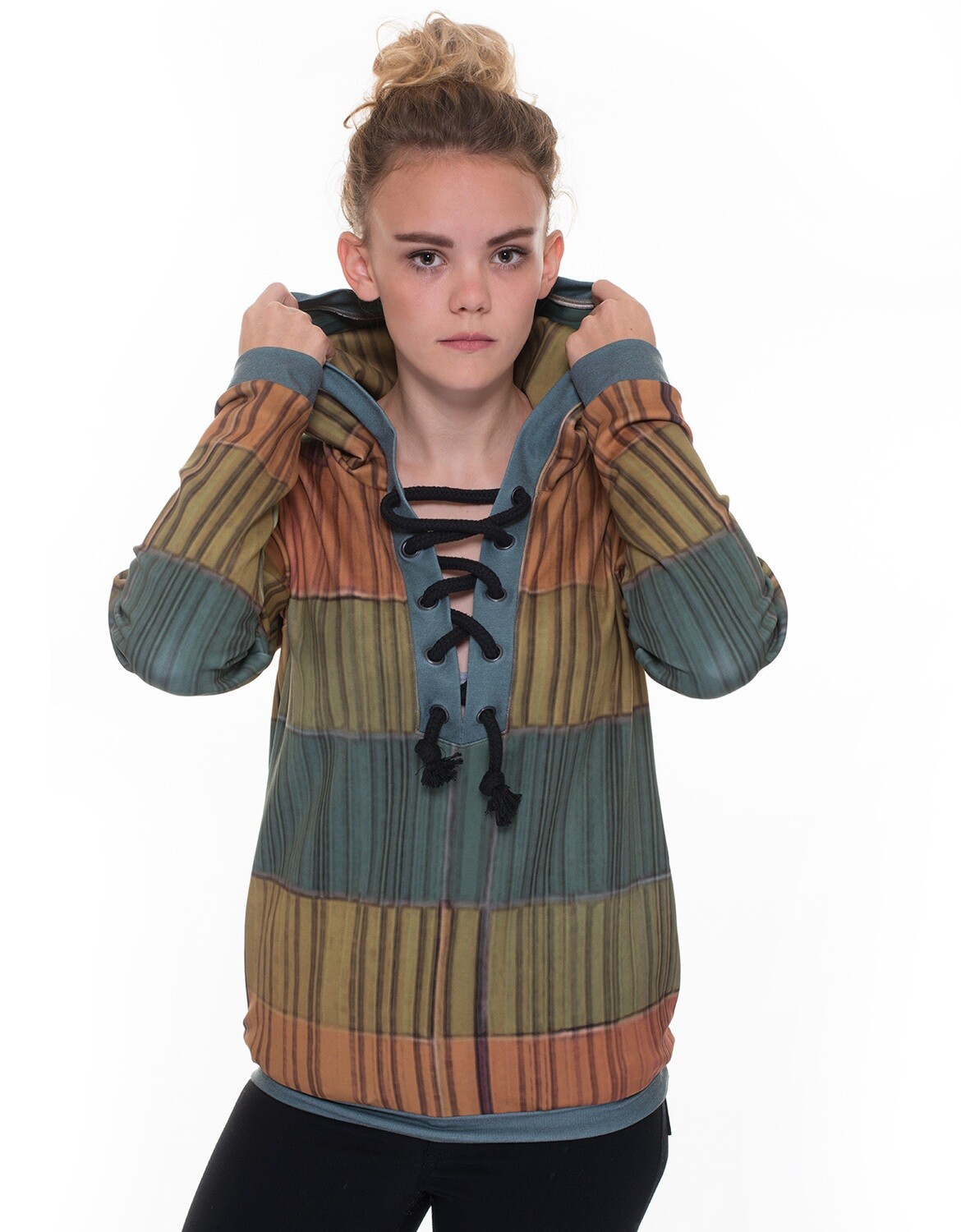 RobeCode colorful striped outdoor hoodie with lace-up neckline