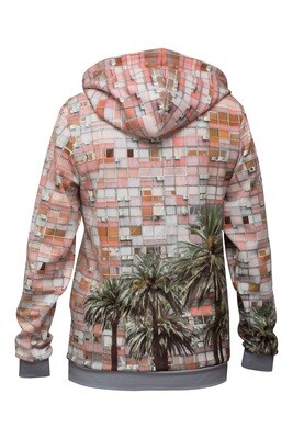 RobeCode rosa Hoodie mit Palmen-Print - Damen Kapuzensweater mit fotorealistischem Hochhaus-Druck