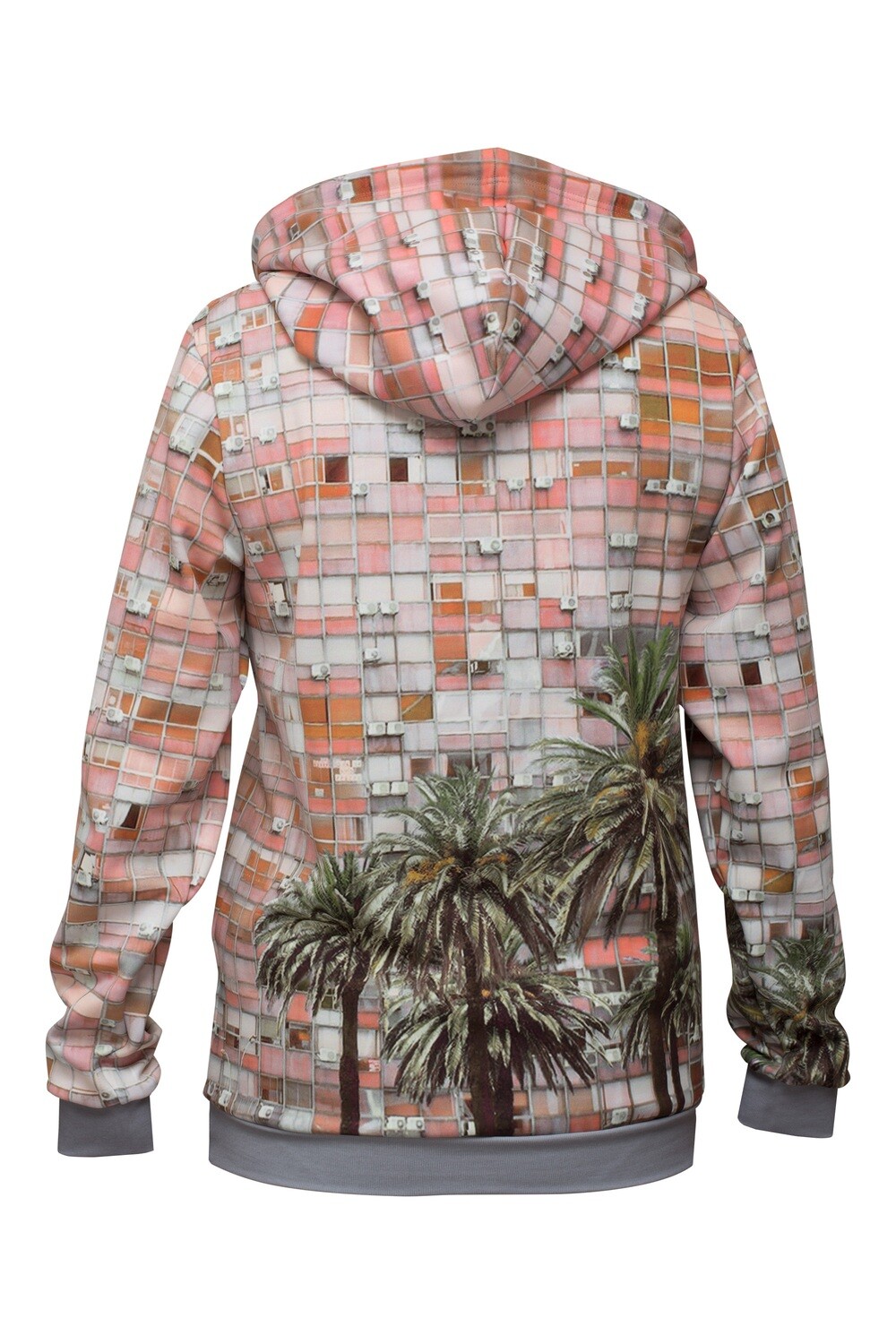 RobeCode rosa Hoodie mit Palmen-Print - Damen Kapuzensweater mit fotorealistischem Hochhaus-Druck