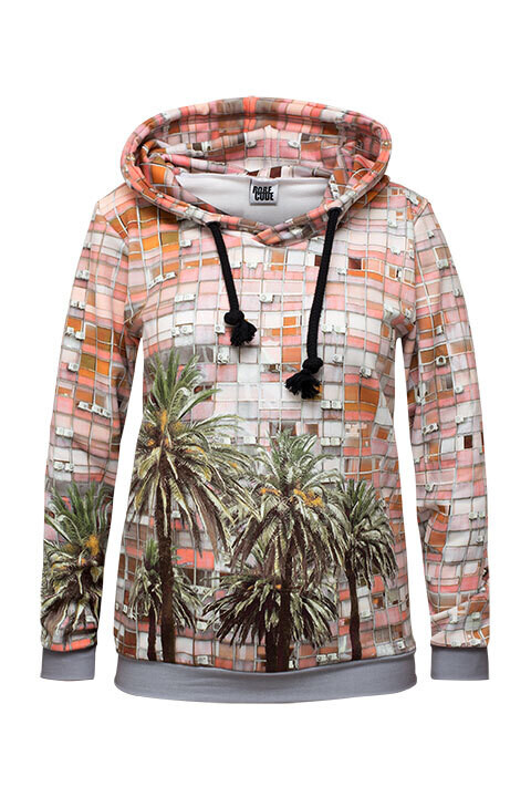 RobeCode rosa Hoodie mit Palmen-Print - Damen Kapuzensweater mit fotorealistischem Hochhaus-Druck