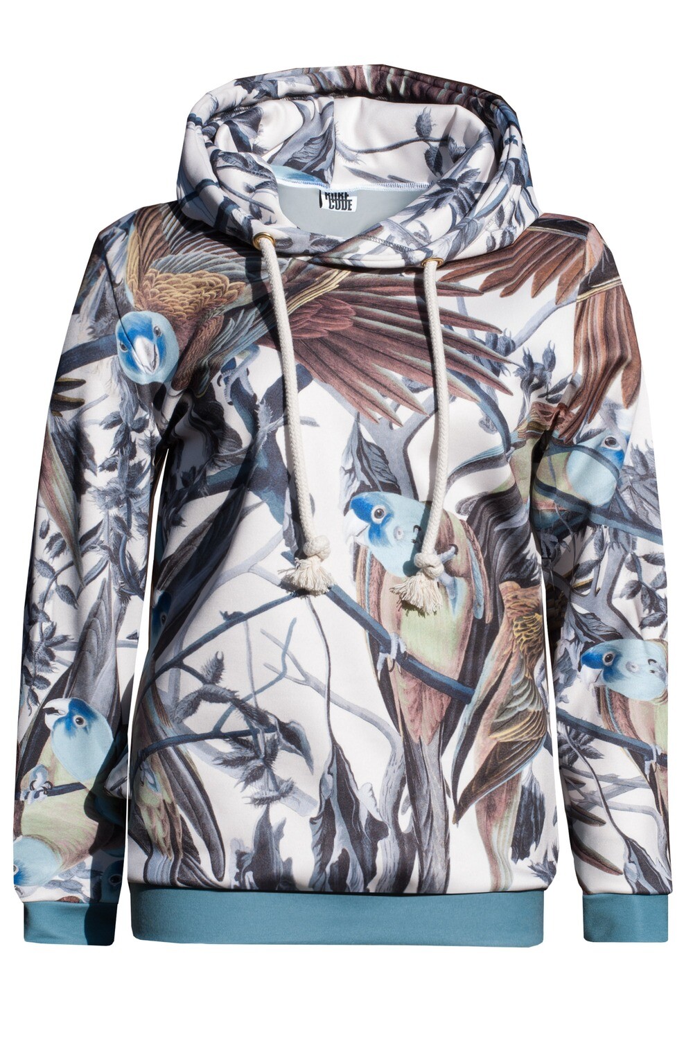 RobeCode hoodie with colorful bird print, large hood and thick cord