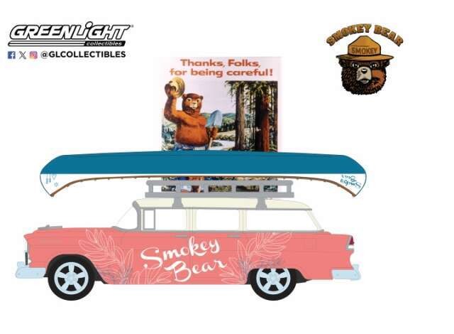 1:64 Greenlight - 1955 Chevrolet Two-Ten Townsman w/ Roof Rack & Canoe Thanks, Folks, for Being Careful! *Smokey Bear Series 4*