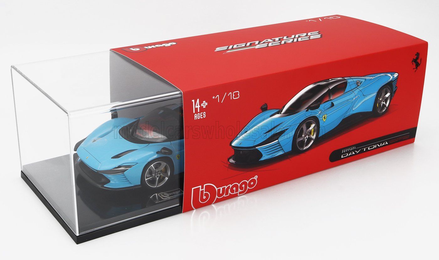1:18 Bburago - Ferrari Daytona SP3 Closed Roof 2022 Blau - Exclusiv Carmodel - Mit Vitrine