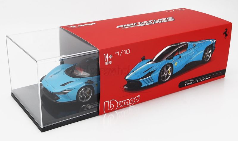 1:18 Bburago - Ferrari Daytona SP3 Closed Roof 2022 Blau - Exclusiv Carmodel - Mit Vitrine