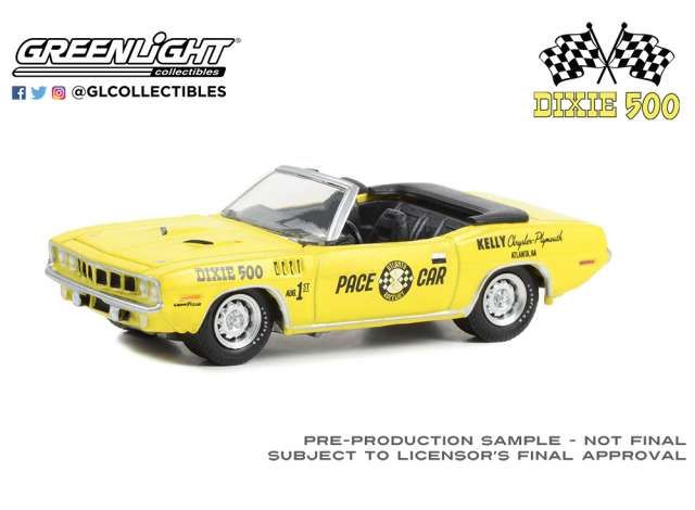 1:64 Greenlight - 1971 Plymouth Barracuda Convertible Dixie 500 Pace Car Kelly Chrysler Plymouth Atlanta Georgia, yellow