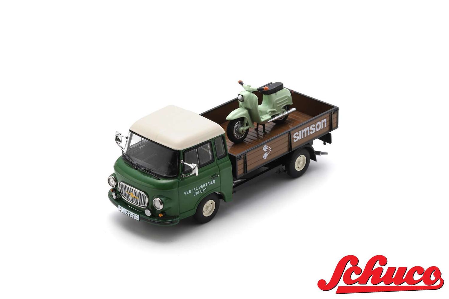 1:43 Schuco - Barkas B1000 w. Simson Schwalbe "Simson Service" Grün