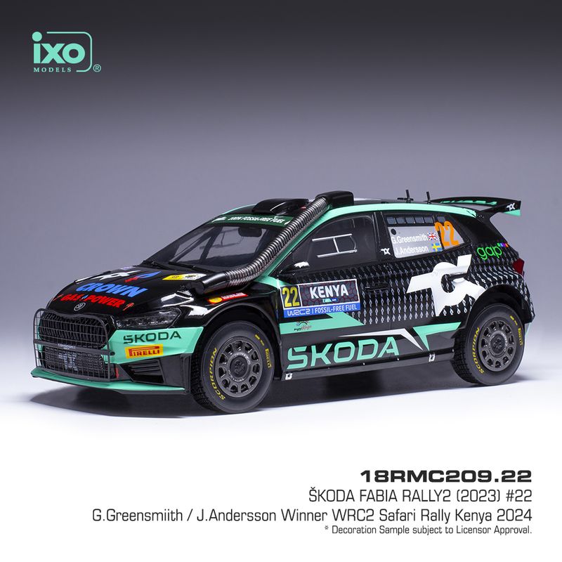 1:18 Ixo - 2024 Skoda Fabia Rally2  WRC #22 Safari Rallye Kenia  G.Greensmith J.Andersson