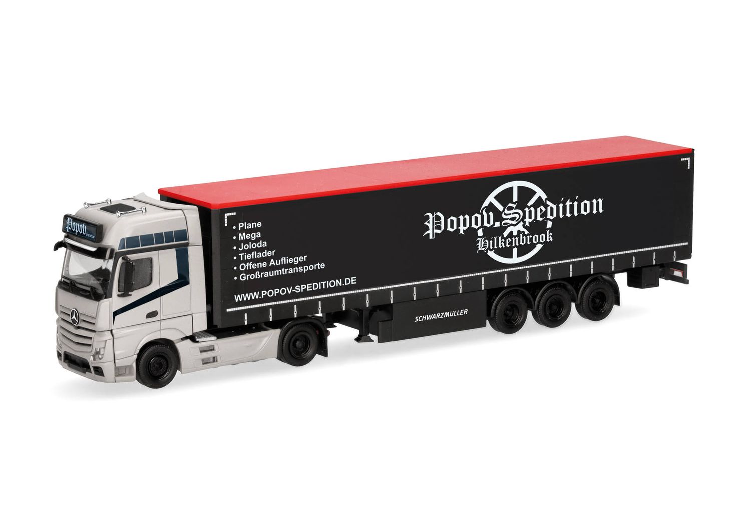 1:87 Herpa - Mercedes-Benz Actros L Gigaspace Gardinenplanen-Sattelzug "Popov Spedition"