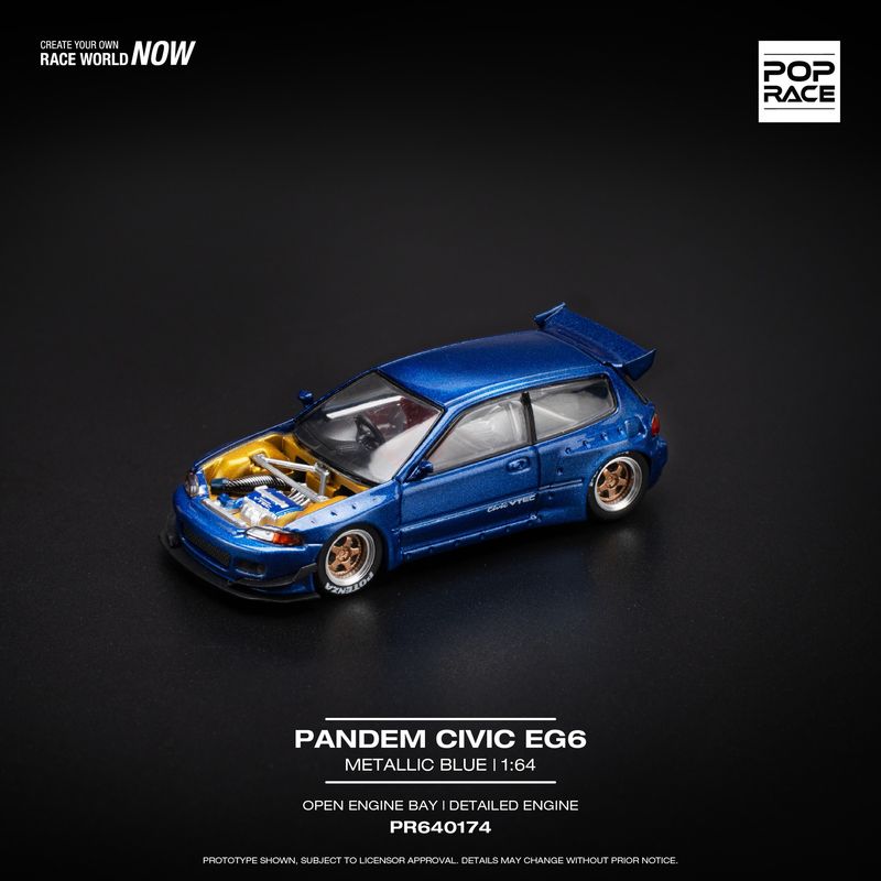 1:64 Pop Race Limited - Pandem Civic EG6, metallic blue with open hood 1:64 Pop Race Limited - Pandem Civic EG6, metallic blue with open hood