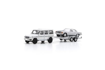 1:87 Schuco - Mercedes-Benz G-Class with trailer and Mercedes-Benz 450 SLC