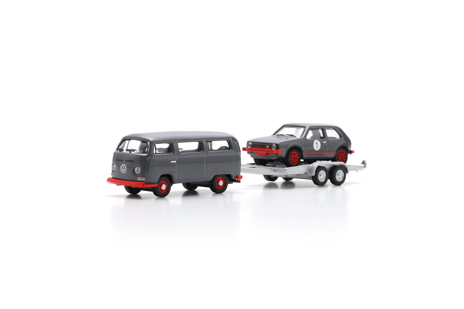 1:87 Schuco - VW T2 Bus with trailer and VW Golf I GTI