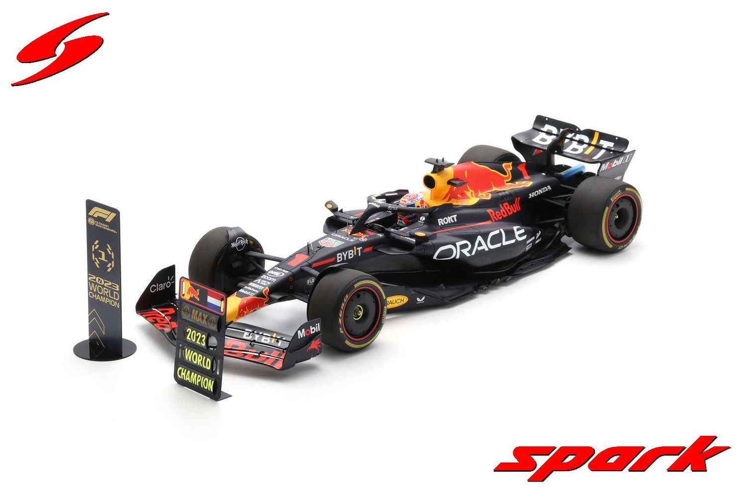 1:12 Spark - Oracle Red Bull Racing RB19 No.1 Oracle Red Bull Racing Qatar GP 2023 Formula One Drivers' Champion Max Verstappen with pit boards