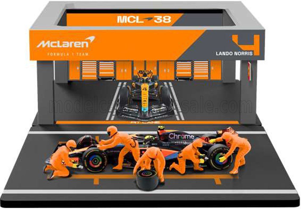 1:43 Bburago - 2024 McLaren F1 MCL38 Diorama Garage Pit-Stop Team McLaren #4 Season 2024 L. Norris *With Crew Figure & Accessories*