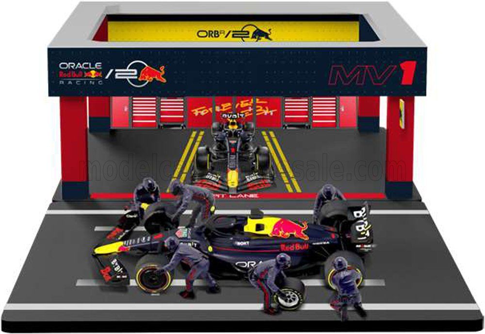 1:43 Bburago - 2024Red Bull F1 RB20 Diorama Garage Pit-Stop Team Oracle Red Bull Racing #1 Season 2024 M. Verstappen *With Crew Figure & Accessories*
