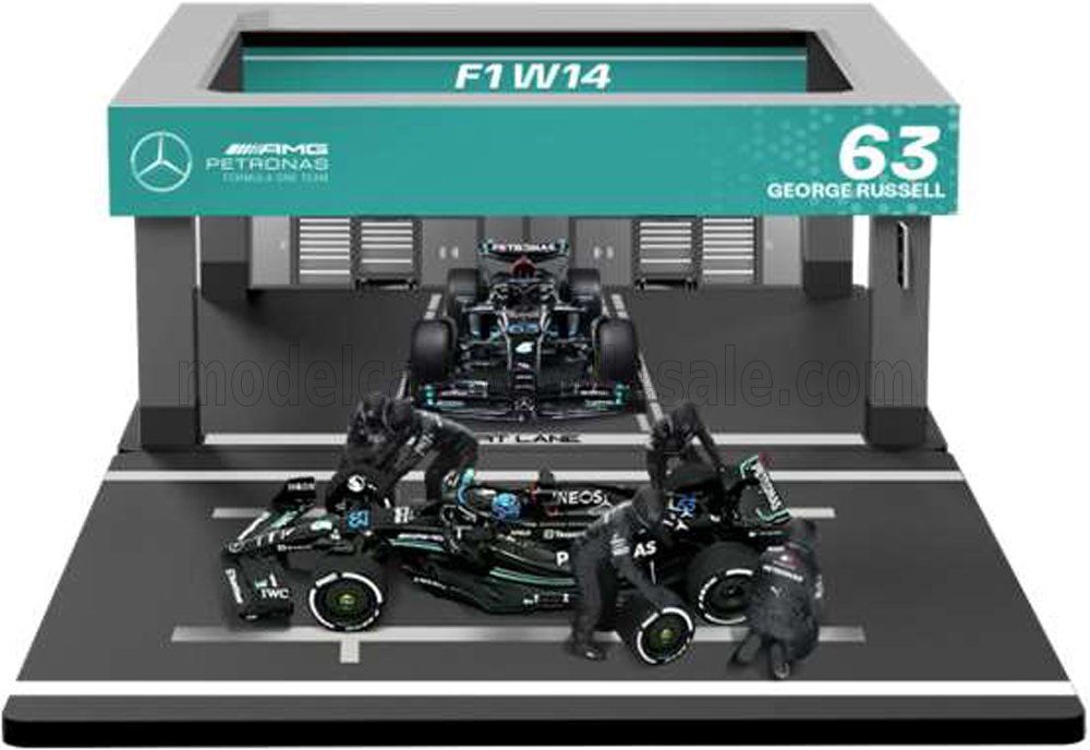 1:43 Bburago - 2024 Mercedes GP F1 W15 EQ Performacne Diorama Garage Pit-Stop Team AMG Petronas Motorsport #44 Season 2024 L. Hamilton *With Crew Figure & Accessories*