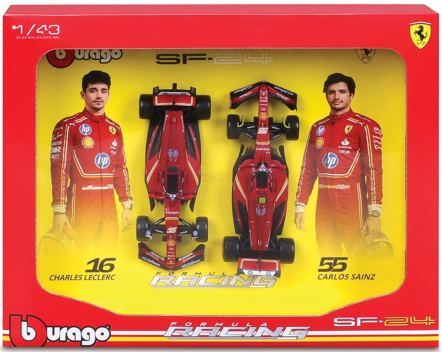 1:43 Bburago - Ferrari Set F1 x2 SF-24 Team Scuderia Ferrari #16 Season 2024 C. Leclerc & #55 C. Sainz