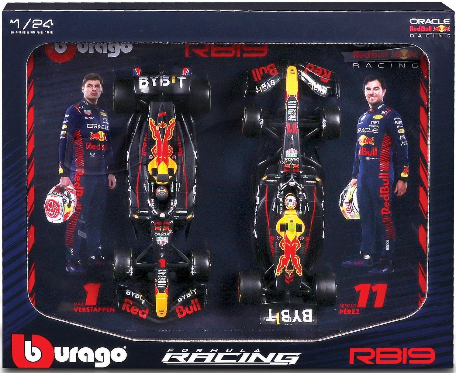 1:24 Bburago - Red Bull Set F1 x2 RB19 Team Oracle Red Bull Racing #1 World Champion Season 2023 M. Verstappen & #11 S. Perez
