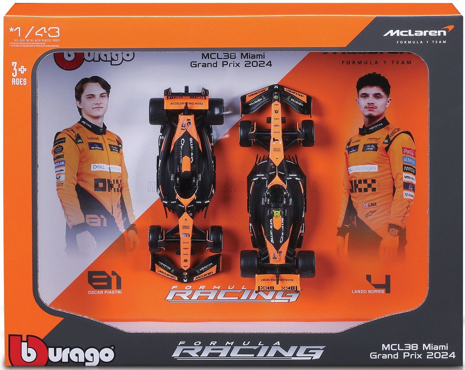 1:43 Bburago - McLaren Set F1 x2 MCL38 Team McLaren #4 Winner Miami GP 2024 First F1 Victory L. Norris & #81 O. Piastri